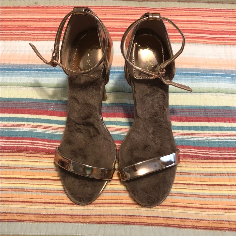 Rose Gold Stiletto Sandals w/Faux Fur Insole